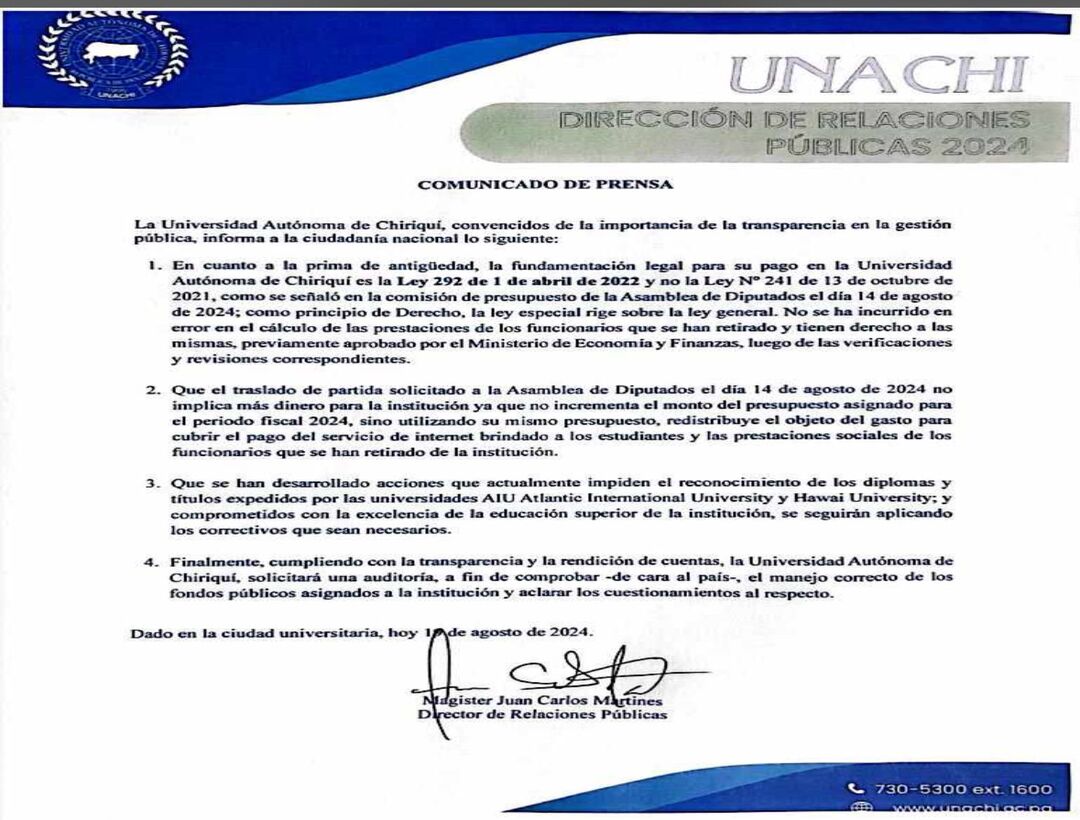 Comunicado de Prensa de UNACHI